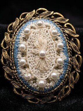 Vintage Gold Tone Crochet & Faux Pearl Oval Brooch | Victorian Revival